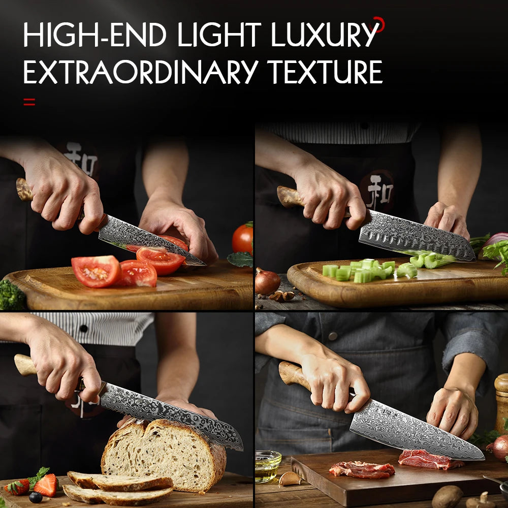 1-5PC Knife Set Professional Damascus Steel Chef Santoku Bread Utility Paring Cook Knife for Meat Sharp Kitchen Knife