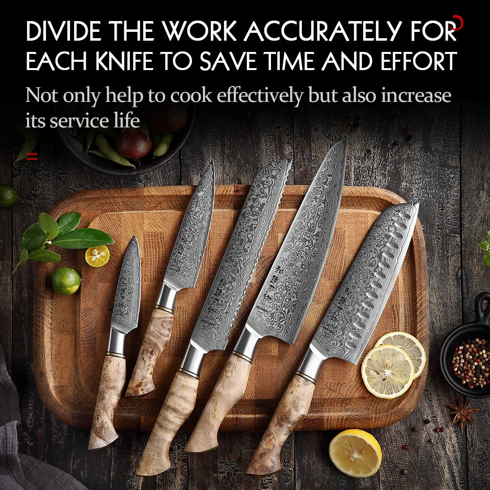 1-5PC Knife Set Professional Damascus Steel Chef Santoku Bread Utility Paring Cook Knife for Meat Sharp Kitchen Knife