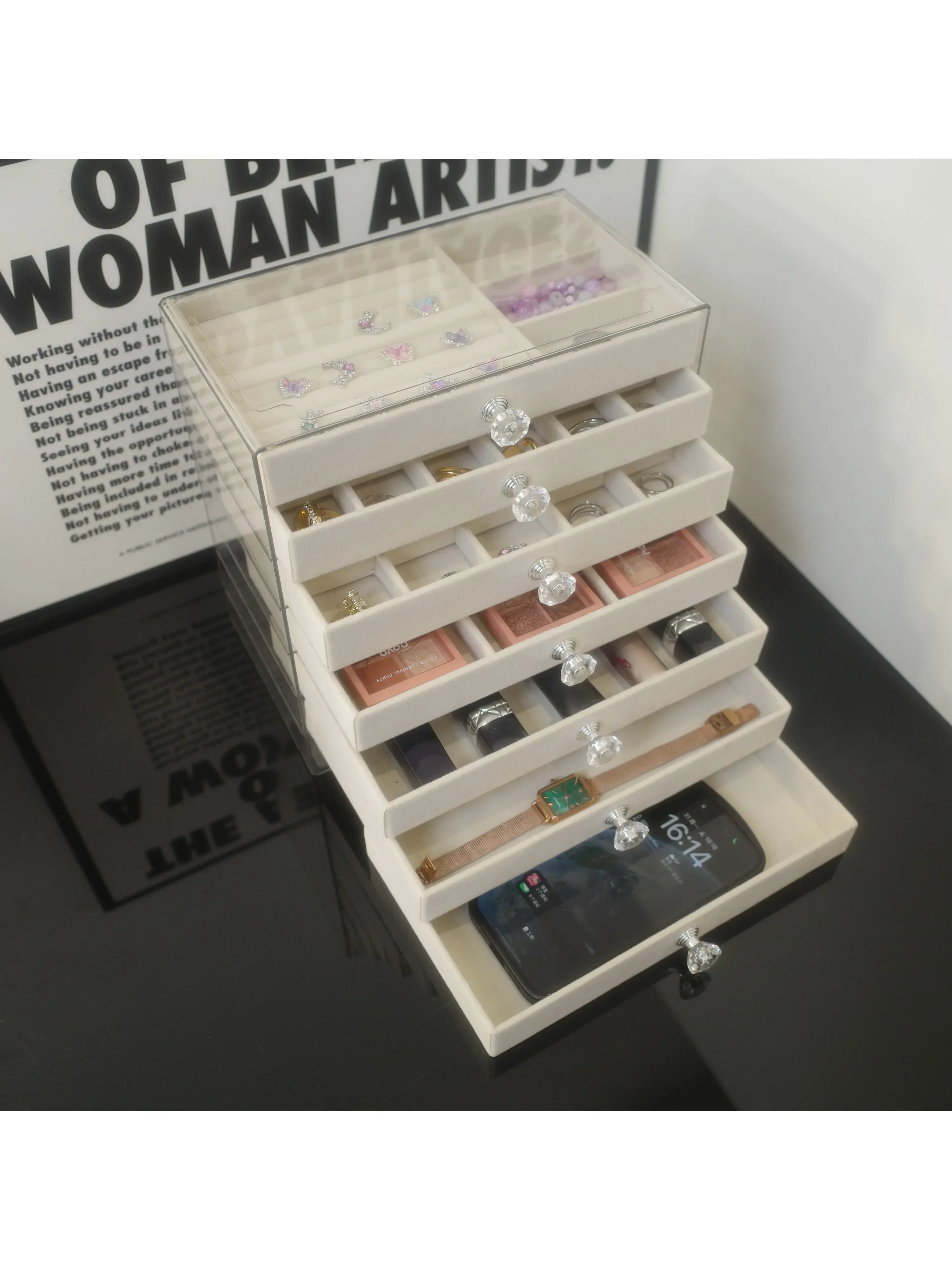 7-Layer Dust-Proof Acrylic Jewelry Organizer Box for Elegant Display and Storage in Modern Rectangular Tabletop Case Jewlery Box