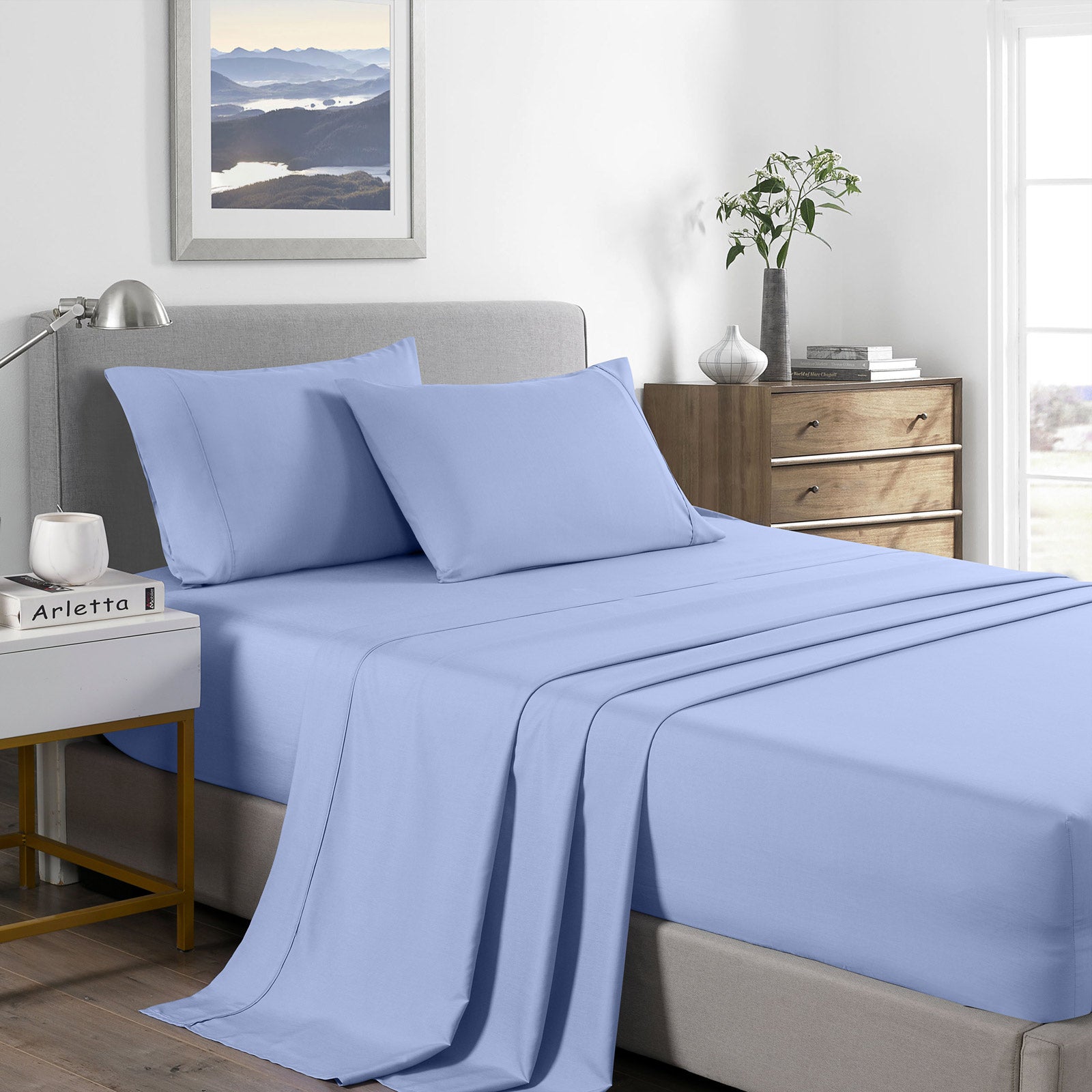 NNEDSZ Comfort 2000 Thread Count Bamboo Cooling Sheet Set Ultra Soft Bedding Single Light Blue-0