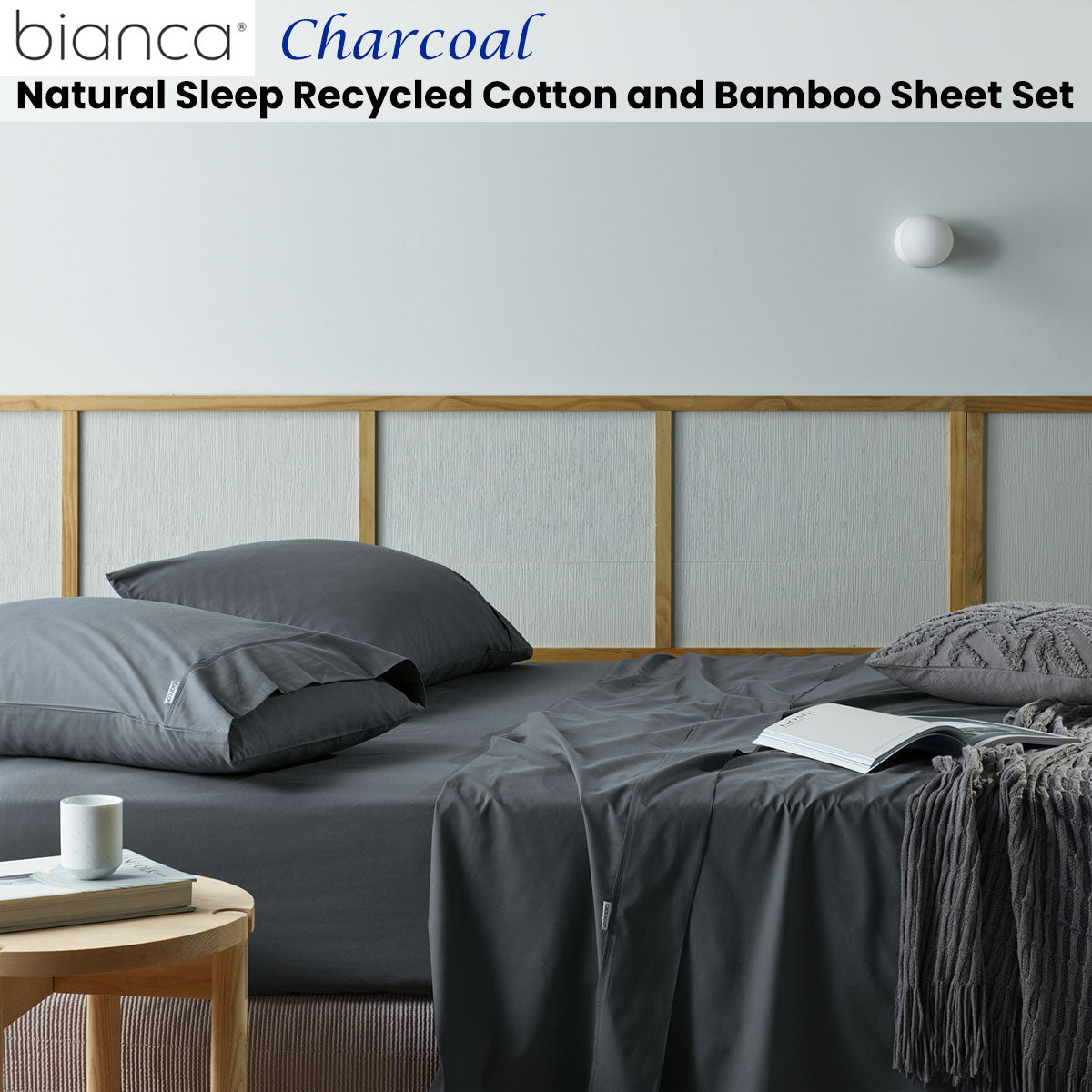 NNEDSZ Bianca Natural Sleep Recycled Cotton and Bamboo Sheet Set Charcoal Double-1