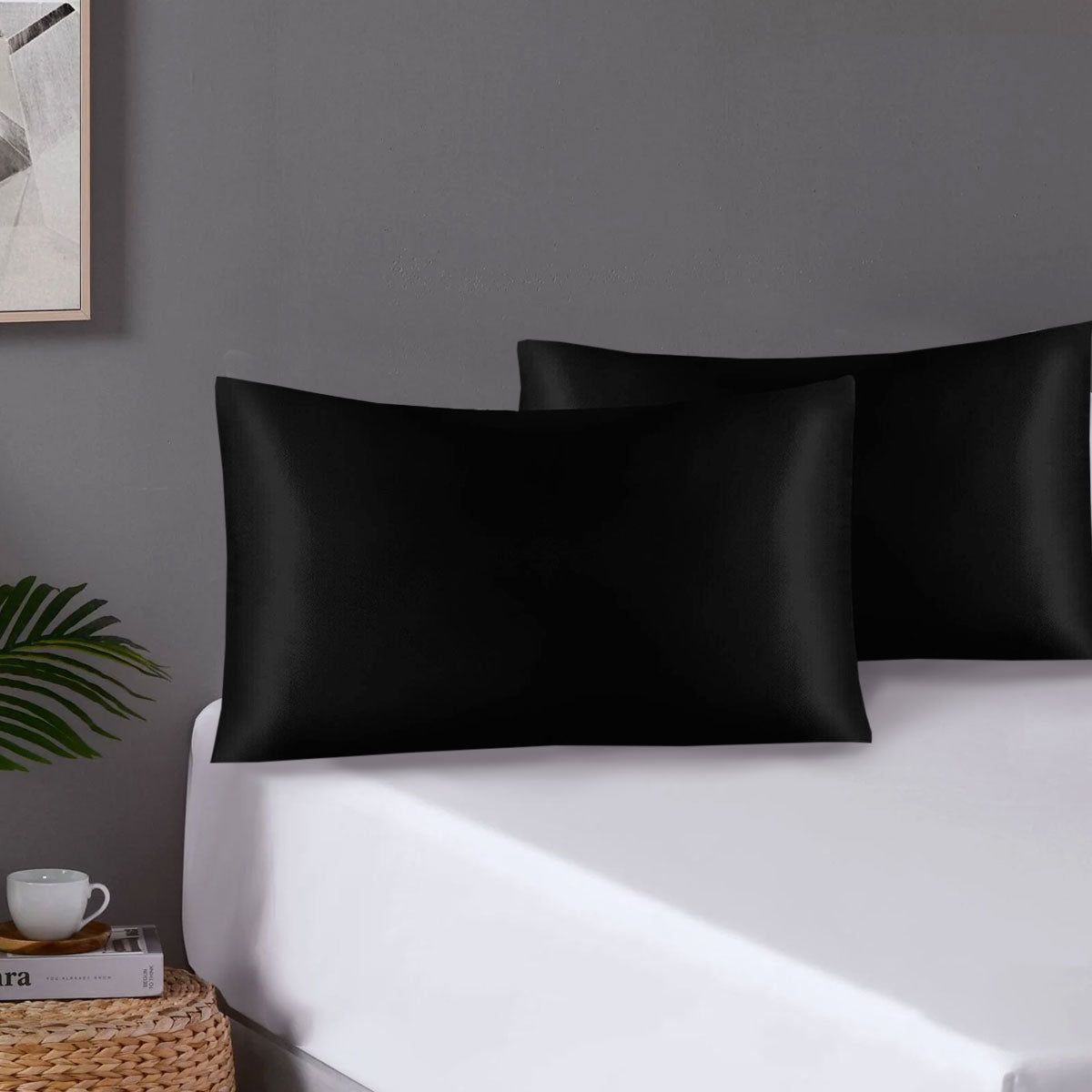 NNEDSZ Pair of Standard Satin Silk Pillowcases with Envelope Closure 51 x 76 cm Black-0