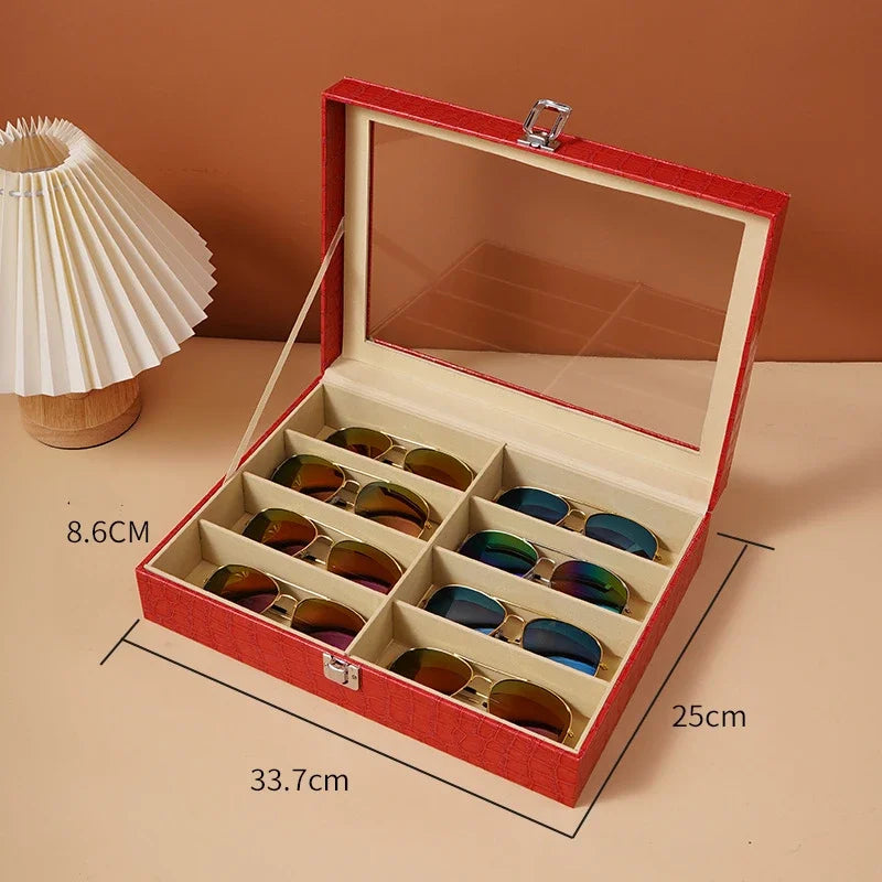 1Pcs Leather Fashion Sunglasses Storage Box Multi Grid Large Capacity Sunglasses Storage Box Jewelry Display Collection Box