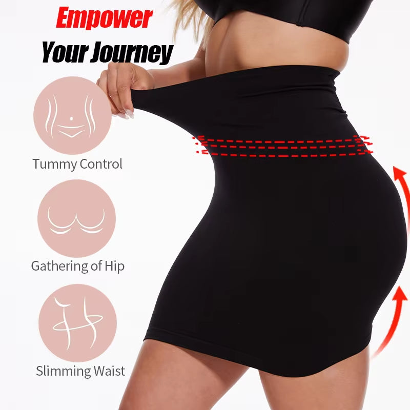 Women Sexy Built-In Thong Dress Half Slip Shapewear High Waist Seamless Butt Lifter Knee Length Body Shaper Anti-Slip Skirt