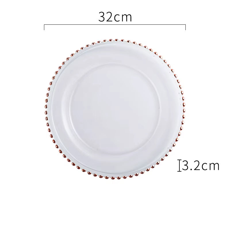 Natural Shell Wood Plates Set Golden Beads Decorative Glass Steak Pasta Plate Serving Tray Dinner Decoration Kitchen Tableware