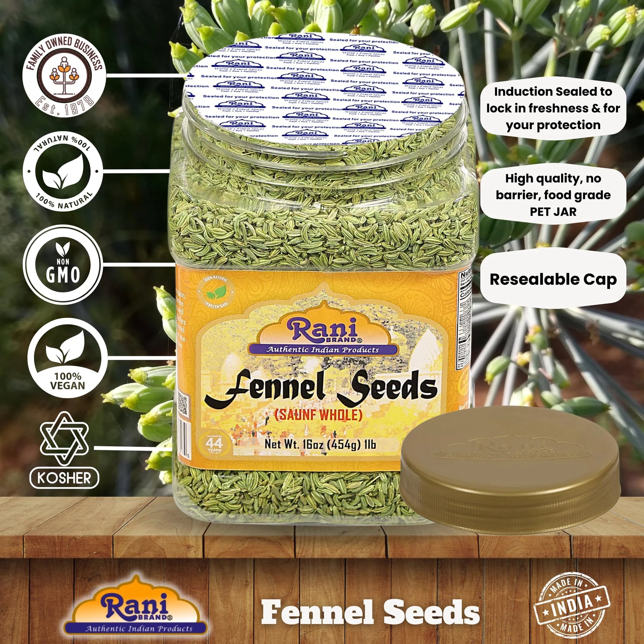 Fennel Seeds (Saunf Sabut) Whole Spice 16Oz (1Lb) 454G PET Jar ~ All Natural | Gluten Friendly | NON-GMO | Vegan | Kosher | Indian Origin