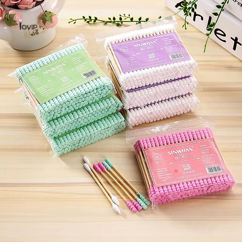 100Pcs Pack Double Head Cotton Swab Women Makeup Cotton Buds Tip for Medical Wood Sticks Nose Ears Cleaning Health Care Tools