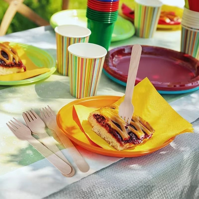 Disposable Wooden Cutlery 50/100PCS Pack 14Cm Fork Spoon Party Camping Picnic Wedding Travel Tableware Sets Kitchen Supplies ZYF