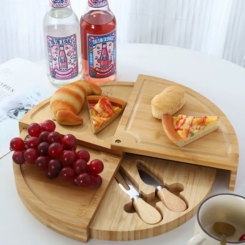 Bamboo Cheese Board Set round Rotatable Cheese Board Vegetable Board with Knife Steak Bread Fruit Snack Plate