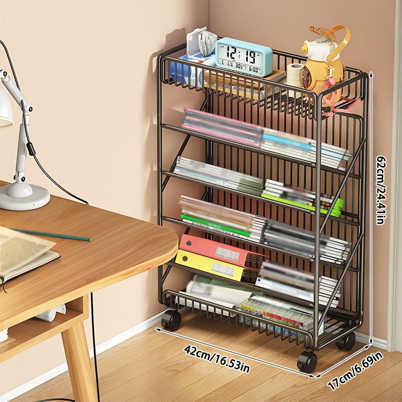 Office Bookshelf with Wheels and Storage Basket-4