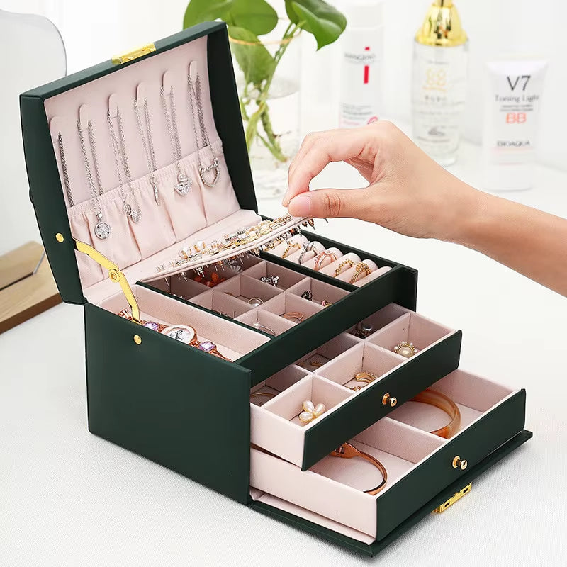 1Pcs Multi Functional Three Layer Leather Drawer Style Jewelry Box Earrings Earrings Lock Jewelry Box