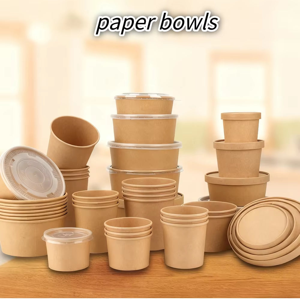 25Pcs/Set Disposable Kraft Paper Bowls with Lids for Soup Salad Noodles Takeaway Lunch Boxes Set Eco-Friendly Food Packaging Box
