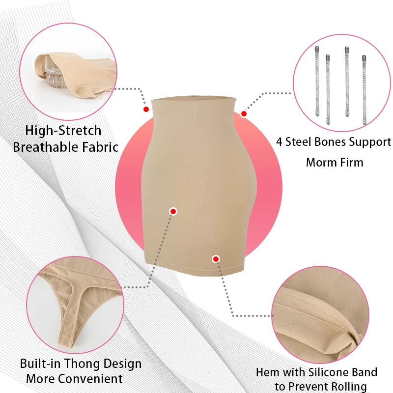 Women Sexy Built-In Thong Dress Half Slip Shapewear High Waist Seamless Butt Lifter Knee Length Body Shaper Anti-Slip Skirt