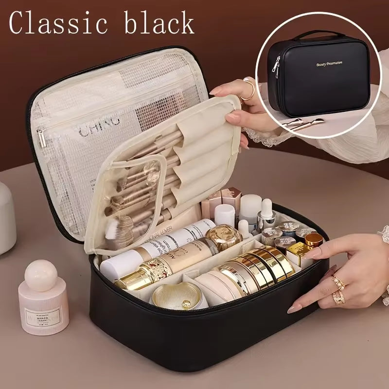 Large Capacity Waterproof PU Cosmetic Bag with Divider, Portable Travel Cosmetic Toiletry Storage Bag, Cosmetic Travel Bag ...