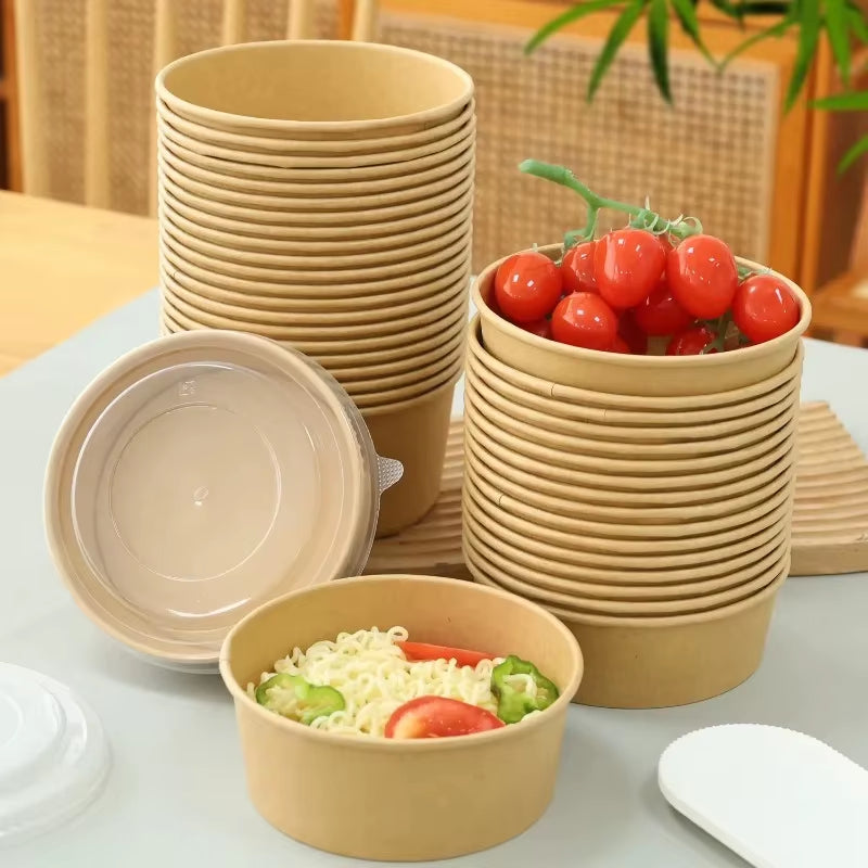 25Pcs/Set Disposable Kraft Paper Bowls with Lids for Soup Salad Noodles Takeaway Lunch Boxes Set Eco-Friendly Food Packaging Box