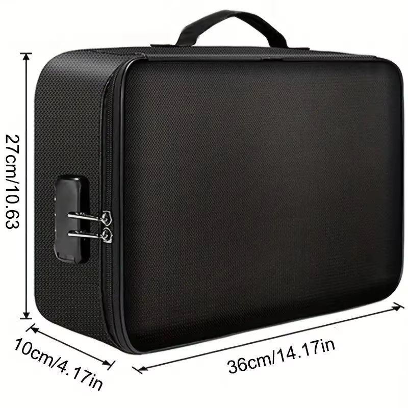 Fireproof Black Document Bag , Water-Resistant Zipper Portable Laptopfiles Certificates Organizer Box , Multi-Compartment File