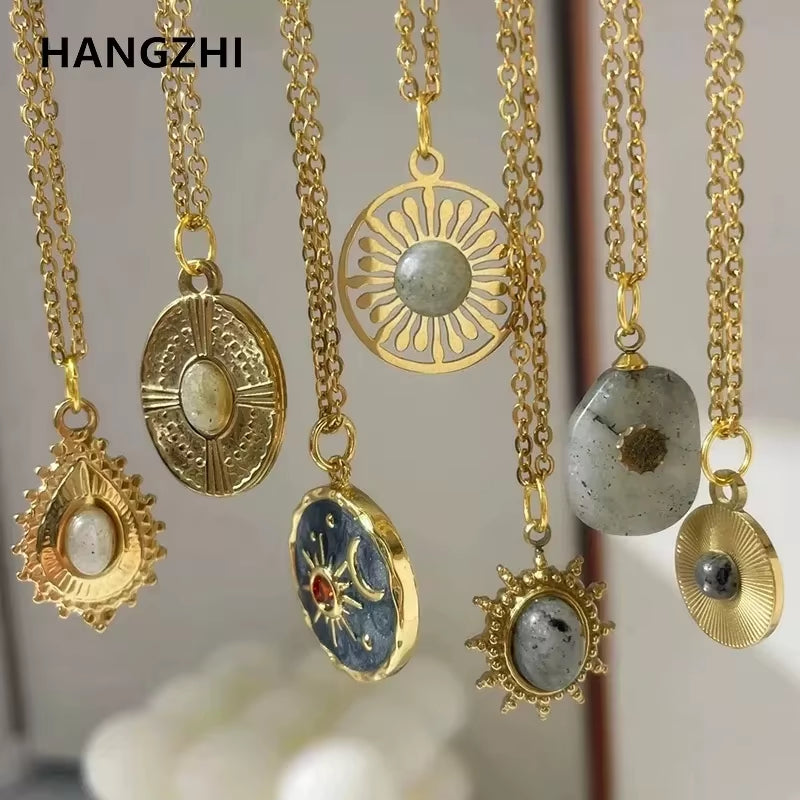 2022 New Gray Enamel round Star Sun Charm Natural Stones Pendants Necklace Stainless Steel Clavicle Chain Jewelry