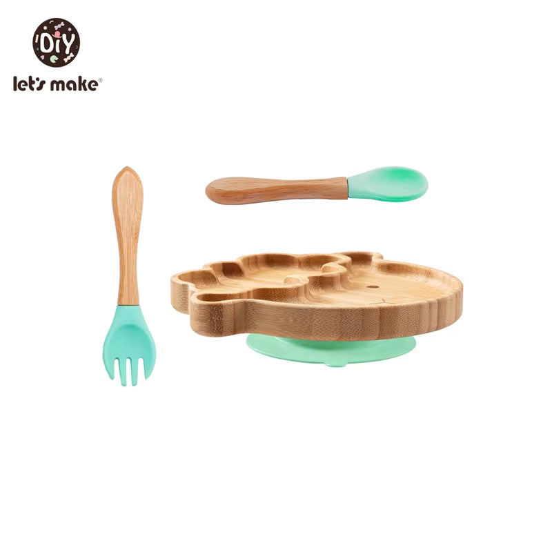Let'S Make Baby Dinner Plates Set Wooden Cartoon Dinner Plate Fork Spoon Children Feeding Plate Safe Edible Silicone Product
