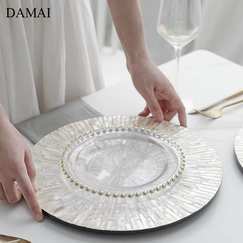 Natural Shell Wood Plates Set Golden Beads Decorative Glass Steak Pasta Plate Serving Tray Dinner Decoration Kitchen Tableware