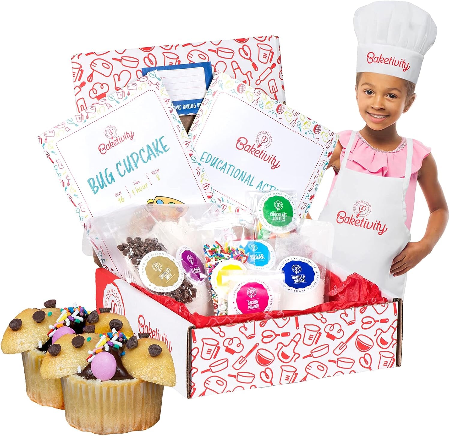 Kids Baking DIY Activity Kit - Bake Delicious Bug Cupcakes with Pre-Measured Ingredients – Best Gift Idea for Boys and Girls Ages 6-12 – Includes Free Hat and Apron