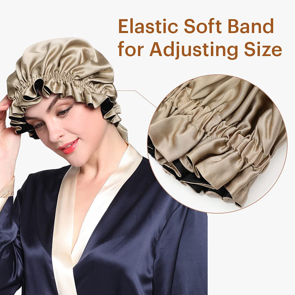 Pure Silk Lined Cap for Women Sleep, Double Layered, Adjustable Ribbons, Luxury Natural Silk Bonnet Cap for Sleeping Coffee+Black