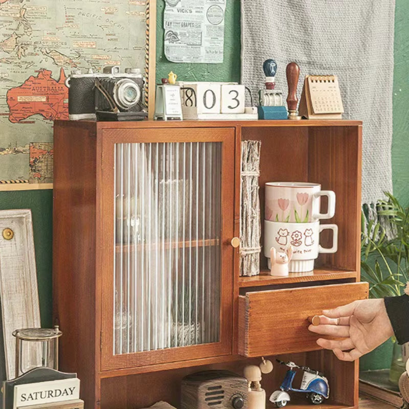 Retro Tabletop Display Cabinet - 3-Tier Glass & Wood Storage Rack for Tea Sets,Vintage Desktop Organizer with Adjustable Shelves