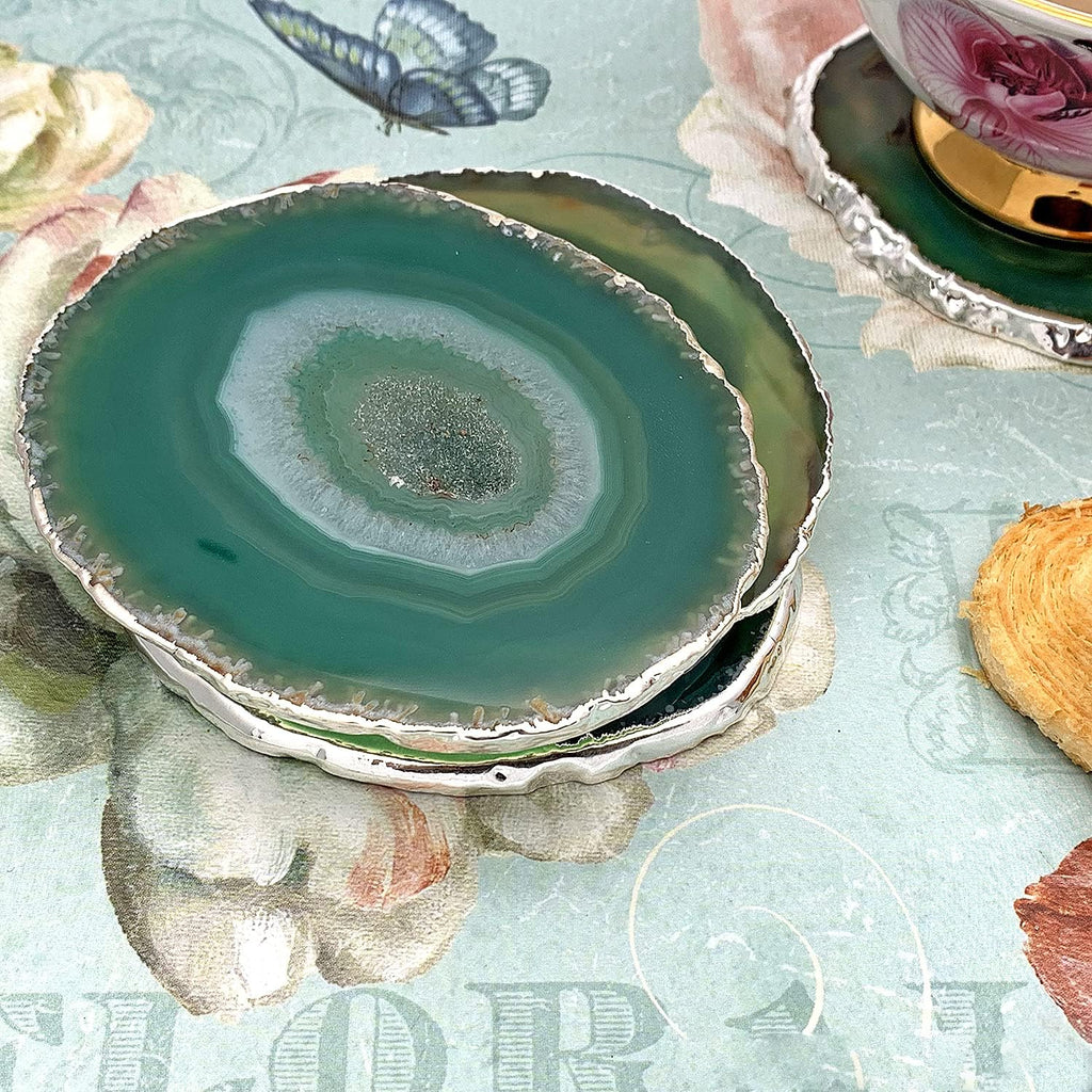 Green Gemstone Coaster, Agate Coaster Set, Drinkware, Silver Electroplated, Rock Coaster, Agate Slice, Drink Coaster Set of 2 (GRCO-58019)