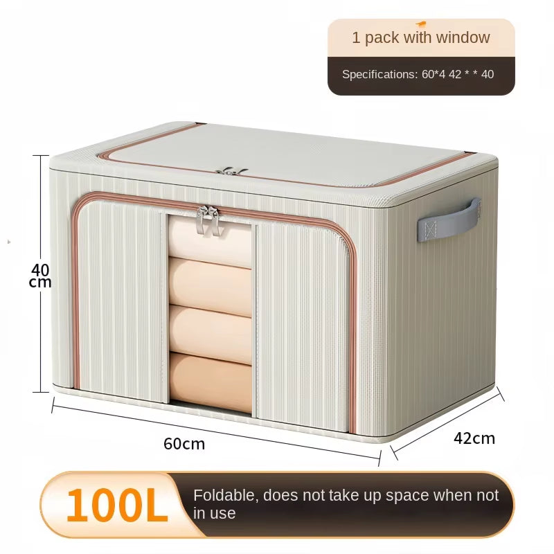 Oxford Striped Wardrobe Organizer - Home/Clothing Storage Box with Handle and Window, Steel Frame - Waterproof - Foldable (60Cm)