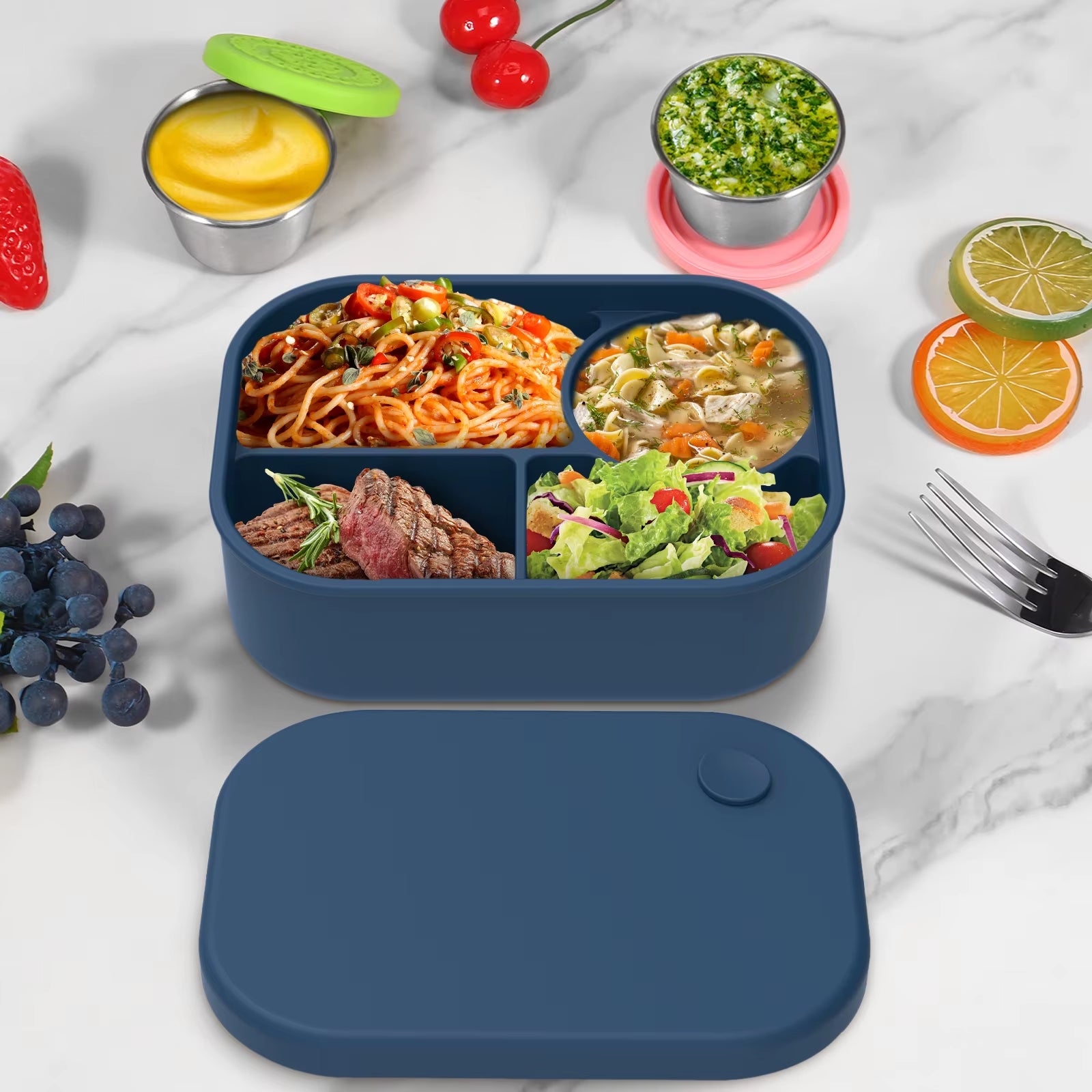 Silicone Bento Box 500Ml Portable Food Storage Container Leakproof Travel Meal Box with 4 Compartment Microwave Safe for Home