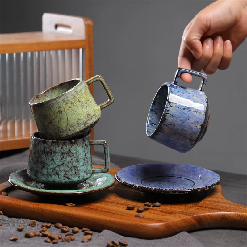 180ML Japanese Espresso Cup and Dish Kiln Transformed Ceramic Cup Retro Coarse Ceramic Mug Living Room Decoration