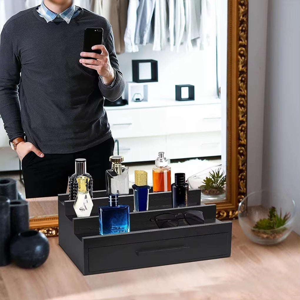 New Perfume Holder Organizer Fragrance Rack Three-Layers Perfume Holder Fragrance Display Black Perfume Organizer with Drawers
