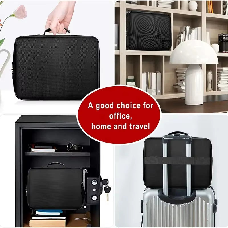 Fireproof Black Document Bag , Water-Resistant Zipper Portable Laptopfiles Certificates Organizer Box , Multi-Compartment File