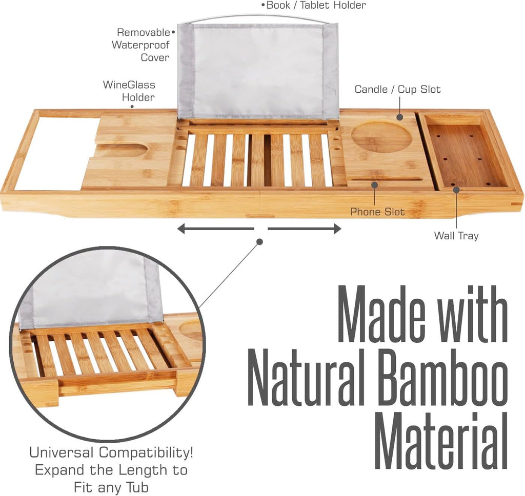Bamboo Bathtub Caddy Tray, Bath Tub Tray with 12-In-1 Features Adjustable Bathtub Table, Non-Slip and Holds Books/Tablets/Cell Phone/Towels/Foods/Wineglass/Soap Dish (Single Box)