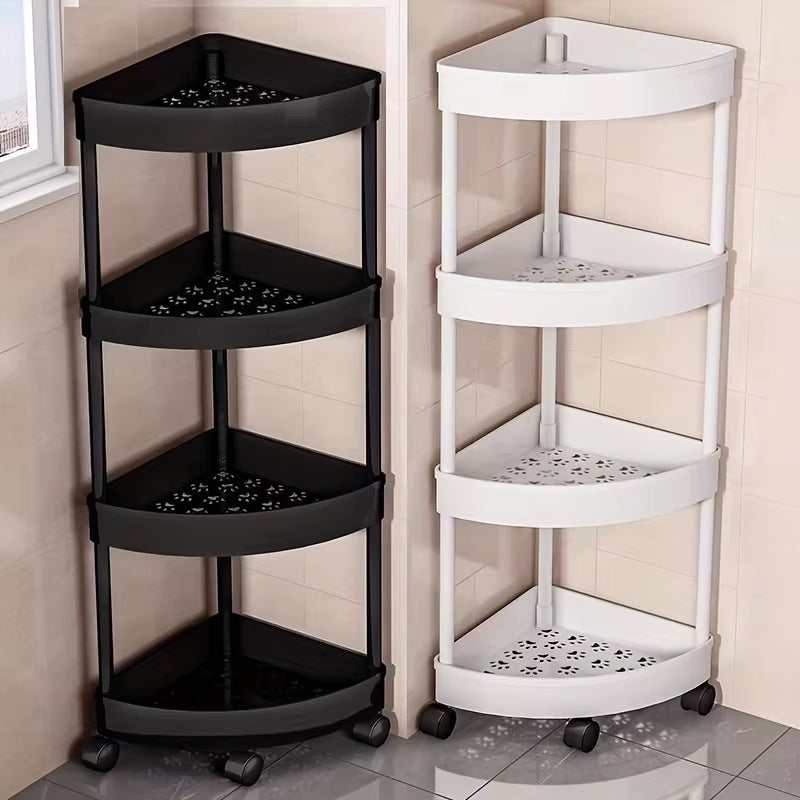 4-Storey Bathroom Tripod Rolling Storage Cart Organizer, Space Saving Corner Rack, Durable Plastic with Wheels