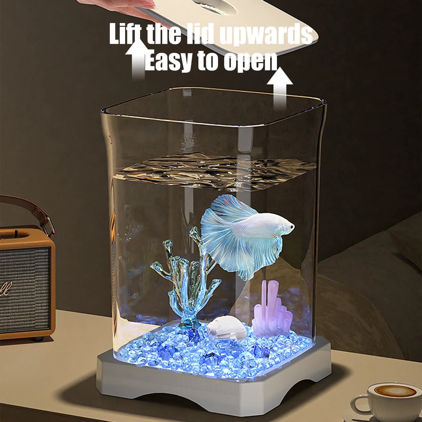 Mini Self-Cleaning Aquarium LED Cube Ecosystem, Desktop Aquarium Starter Kit LED Lighting Design, Fake Fish Tank Mini Aquarium, Fake Aquarium Decorative Lamp, Gift for Kids, White