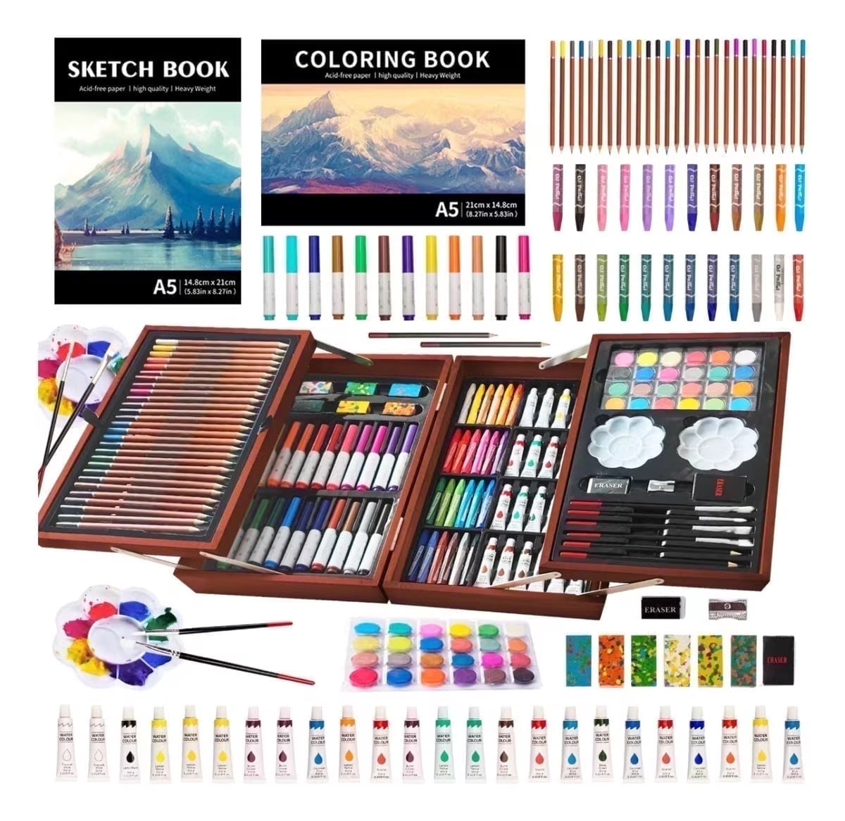 139 Pack Deluxe Portable Double Layers Wooden Coloring Drawing Kit with Sketch Pads, Art Set Gift for Artist Adults Beginners Kids (Brown)