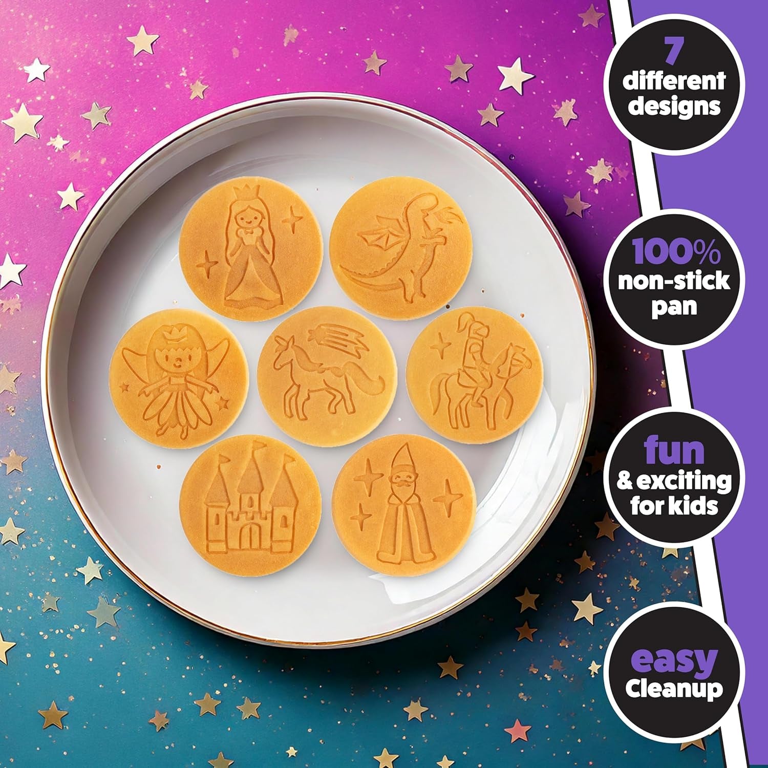 Fantasy Friends Mini Pancake Pan - Nonstick Griddle for Breakfast Magic, Featuring a Princess Castle & More, 7 Unique Flapjacks