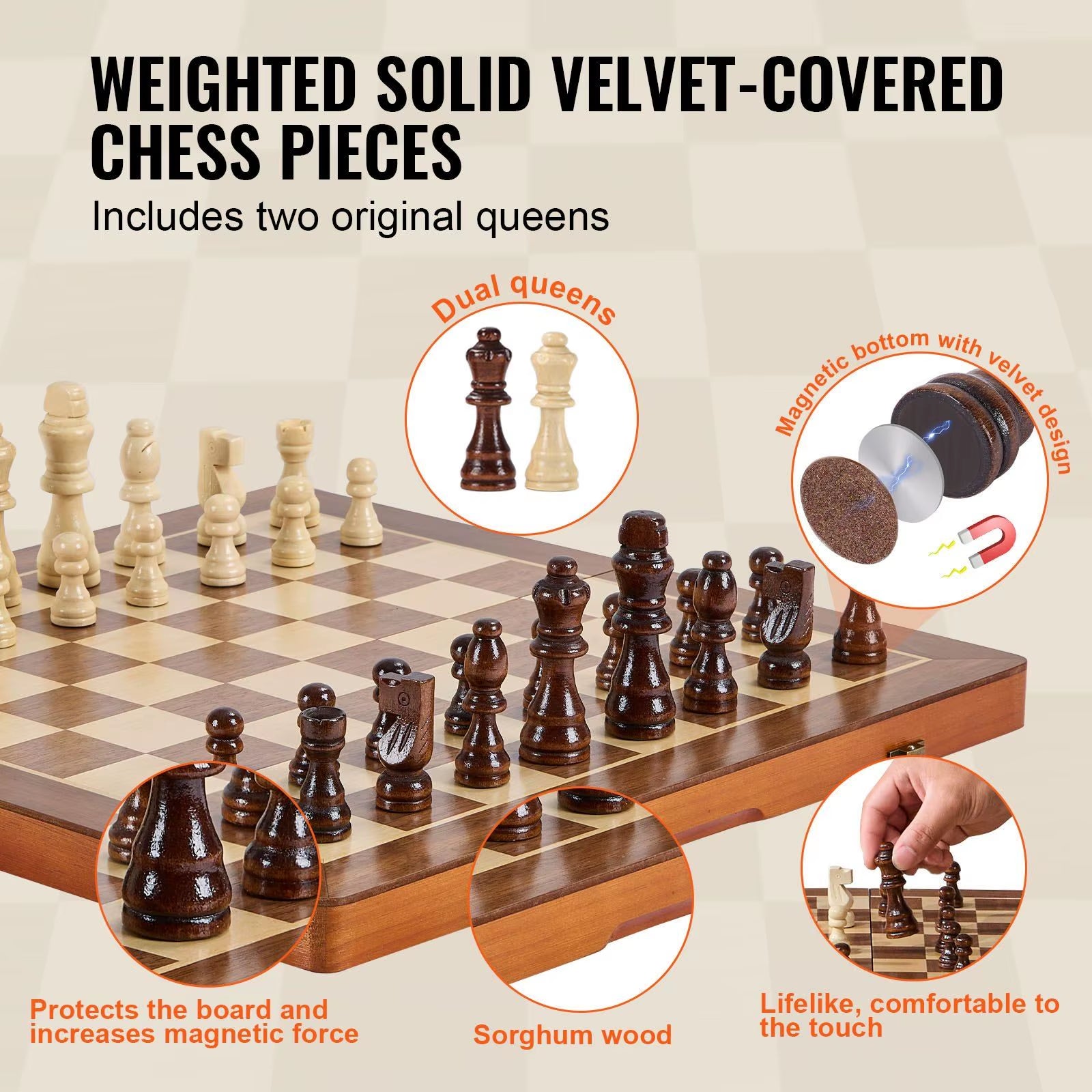 2 Queens Portable Travel Gift Chess Set for Tournament Professional Beginner 15 Inch 2-IN-1 Chess Checkers Game Set,