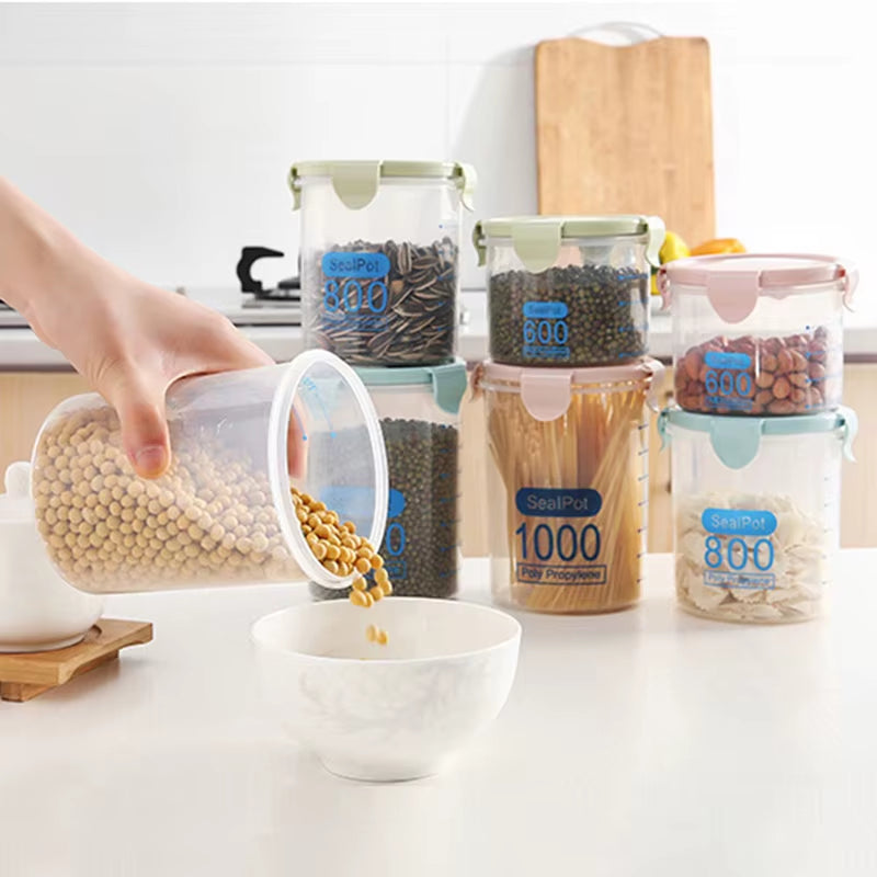 Kitchen Food Storage Canisters with Scale Multigrain Organizer Sealed Jar Plastic Moisture-Proof Can Air-Tight Storage Tank Set