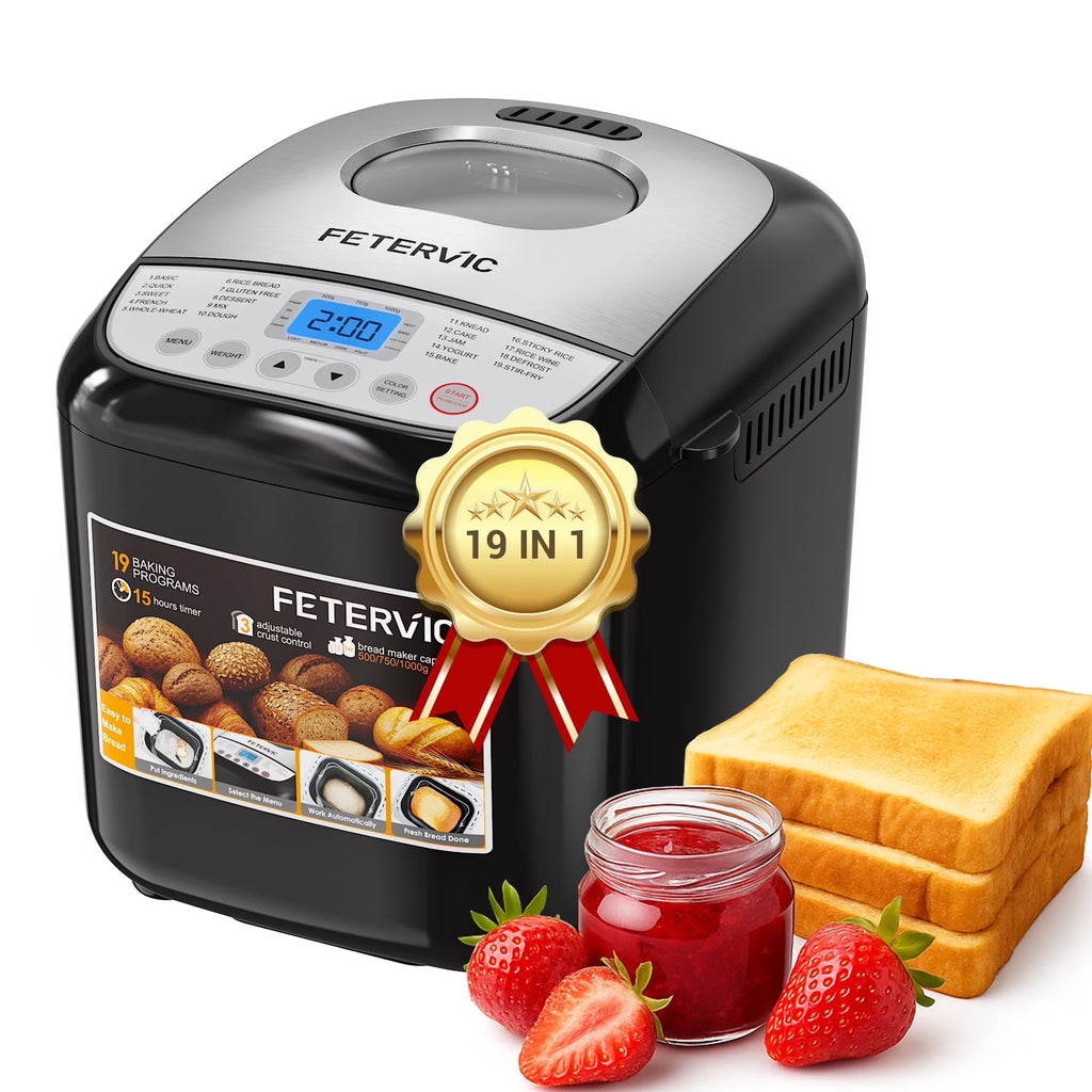 19-IN-1 Bread Maker, 2LB Bread Machine Nonstick Ceramic Pan Bread Maker Machine for Gluten Free/Dough Maker/Dried Meat Floss/Jam/Yogurt, Breadmaker Recipe,Black
