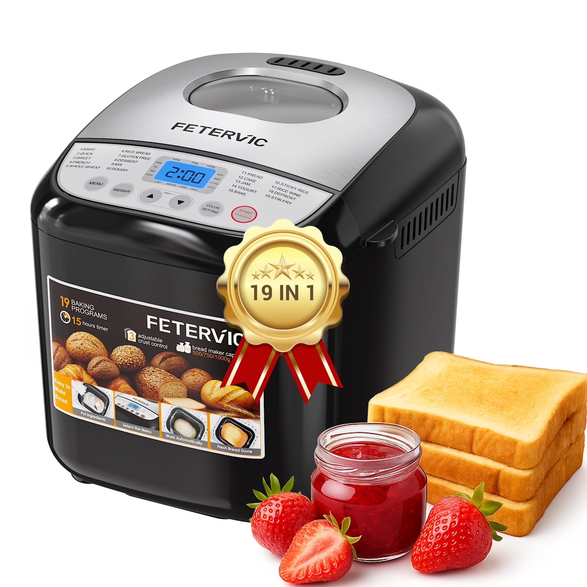 19-IN-1 Bread Maker, 2LB Bread Machine Nonstick Ceramic Pan Bread Maker Machine for Gluten Free/Dough Maker/Dried Meat Floss/Jam/Yogurt, Breadmaker Recipe,Black