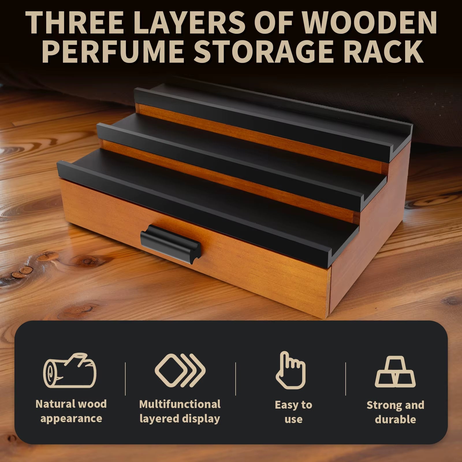 Wooden Cologne Organizer 3-Tiers Perfume Storage Display Stand with Drawer Versatile Jewelry Make up Cosmetics Storage Organizer