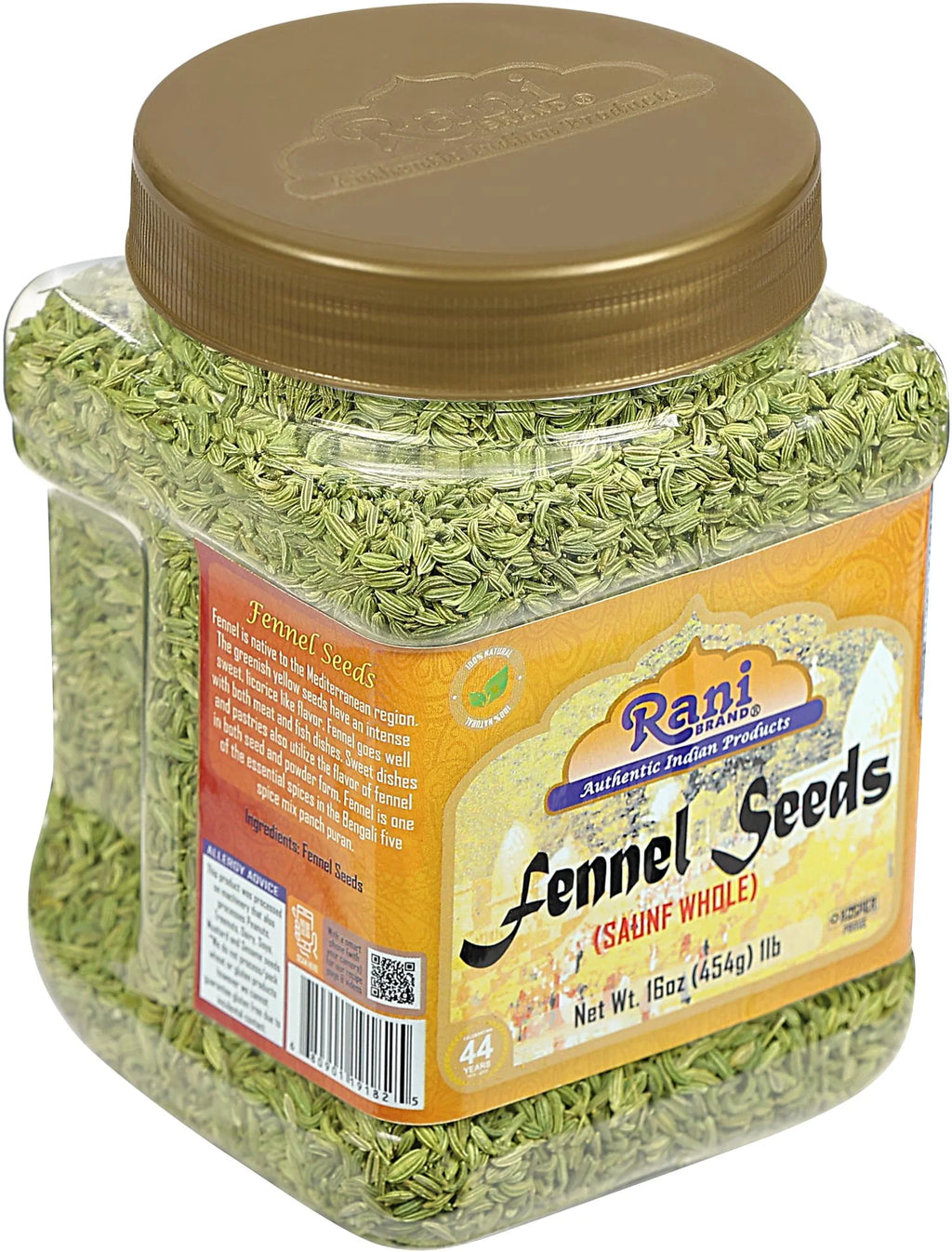 Fennel Seeds (Saunf Sabut) Whole Spice 16Oz (1Lb) 454G PET Jar ~ All Natural | Gluten Friendly | NON-GMO | Vegan | Kosher | Indian Origin