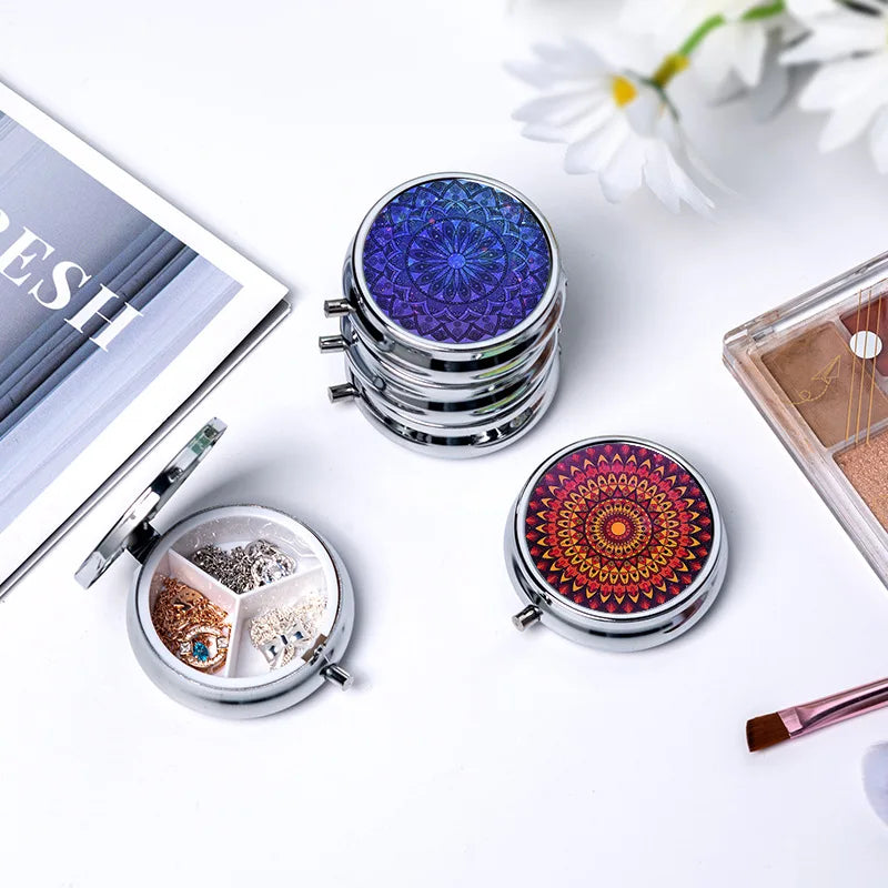 Circular Storage with 3 Compartments Single Compartment Metal Small Medicine Box Jewelry Box Foldable Portable Mini Medicine Box