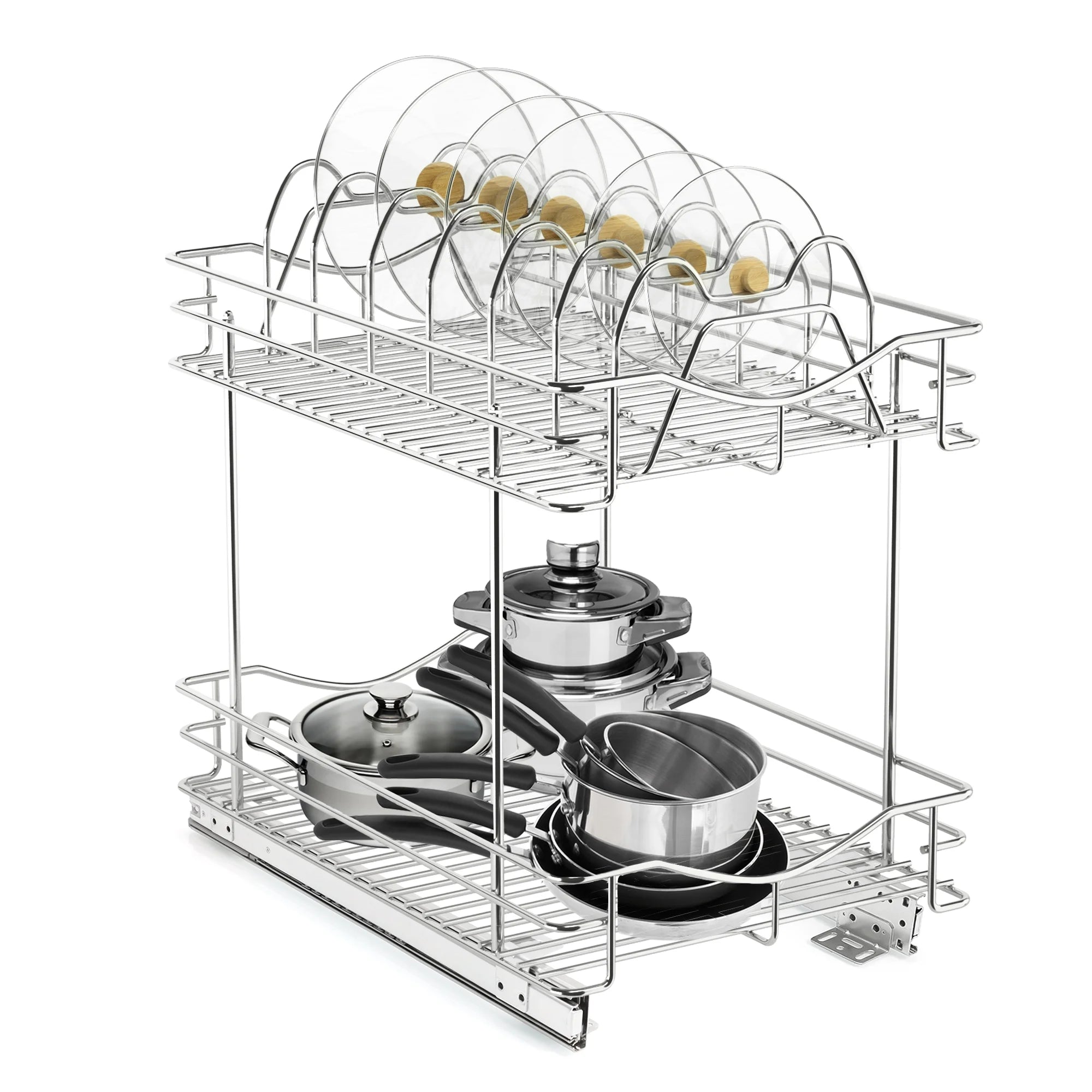 Pull Out Cabinet Pots and Pans Organizer 11" W X 18" D 2 Tier Wire Basket for Lid Cookware Drawer Slide Out Kitchen Cupboard Organization Shelves Shelf for Pantry Roll Out Storage