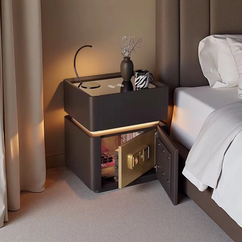 Smart Nightstand with LED Light Wireless Charging Safe or 2 Drawers – Modern Bedside Table Tempered Glass Top No Assembly