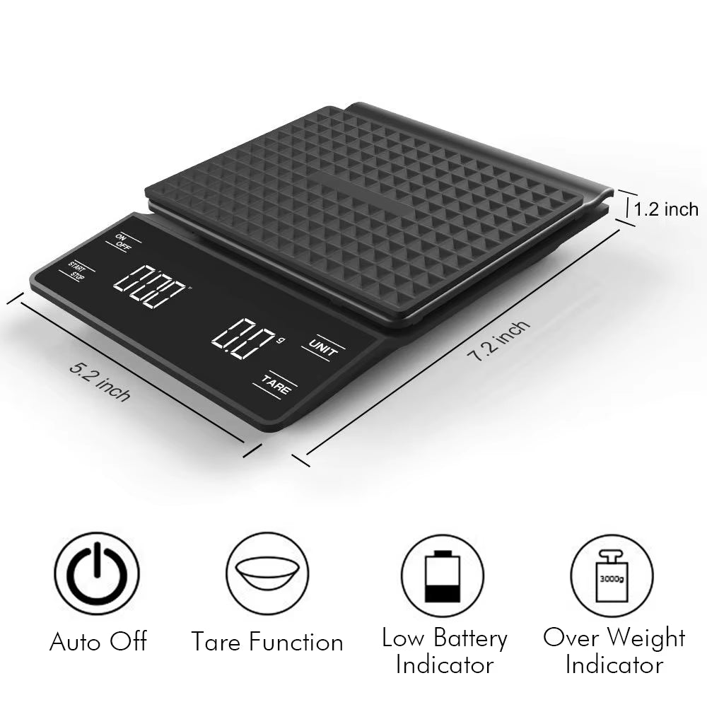 3Kg/0.1G Digital Kitchen Weight Grams Electronic Balance High Precision Coffee Scale Portable with Timer Food Espresso