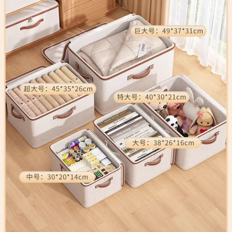 Large Household Storage Box Heavy-Duty Hard Shell Cotton Linen Zipper Storage Organizer Box with Lid for Clothes Toys Blankets