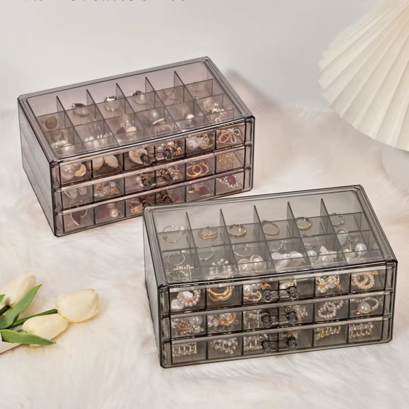 Acrylic Jewelry Organizers and Storage Box with 3 Drawers, Clear Jewelry Box for Women, Earring Organizer for Ring Necklace