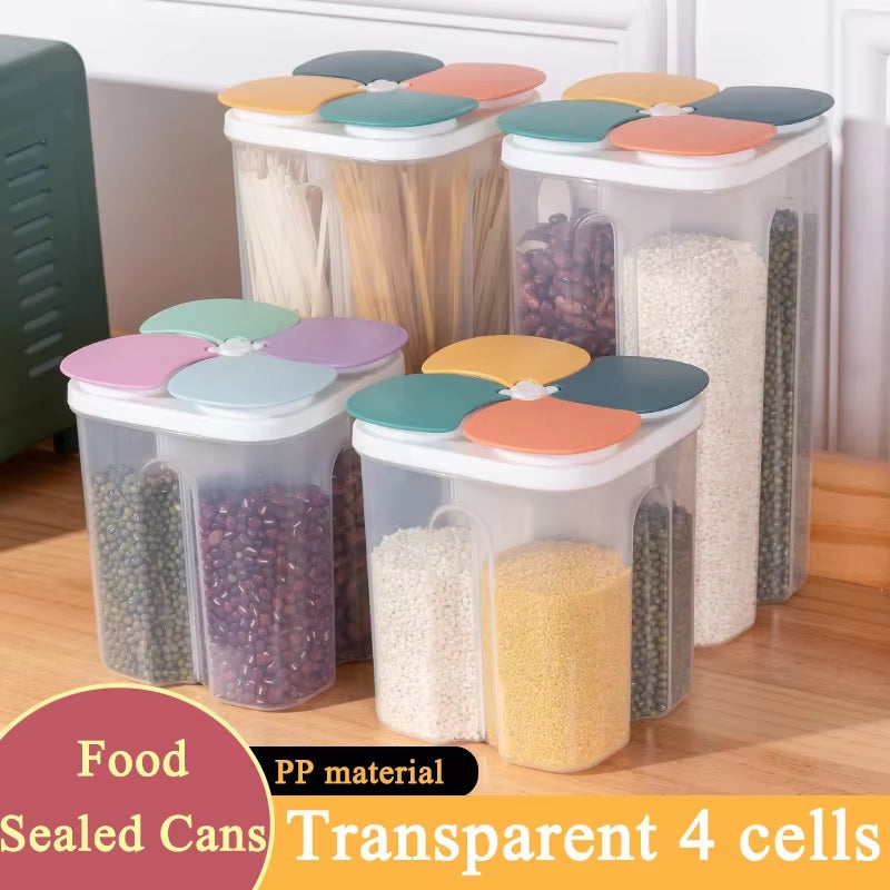 Kitchen Cereals Storage Box Plastic 4 Grids Cereals Sealed Jar Food Container Moisture-Proof Grain Tank Spaghetti Keep Fresh Box